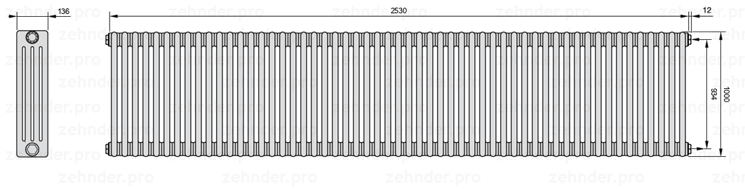 Схема (чертеж) Радиатор Zehnder Charleston 4100/55 №7610 Белый глянцевый RAL 9016